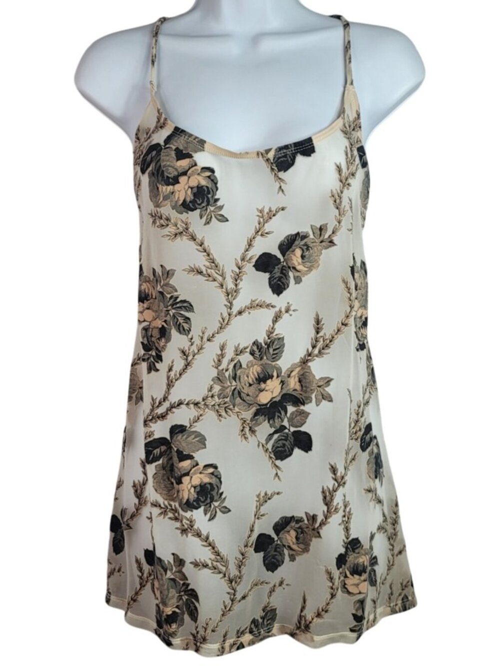 Victoria's Secret Sheer Chemise Gray Tan Large Strappy Floral Vintage USA 1999